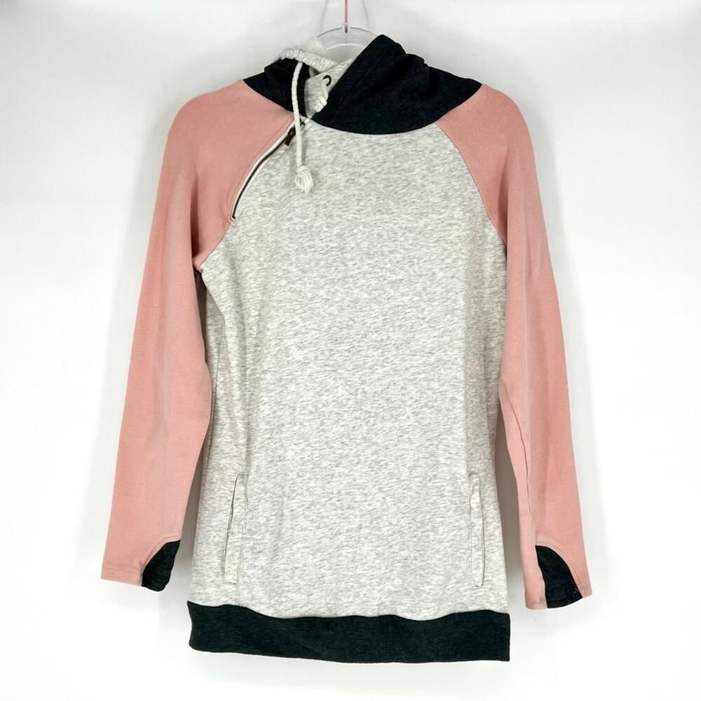 Colorblock Hoodie with Diagonal Zipper Detail Pink, Grey &‎ Charcoal Size L